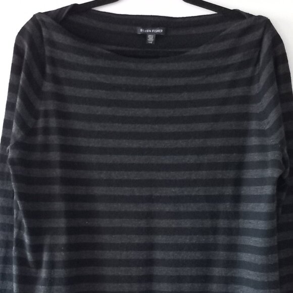 EILEEN FISHER 100% meriono wool grey and black striped sweater - Picture 4 of 10